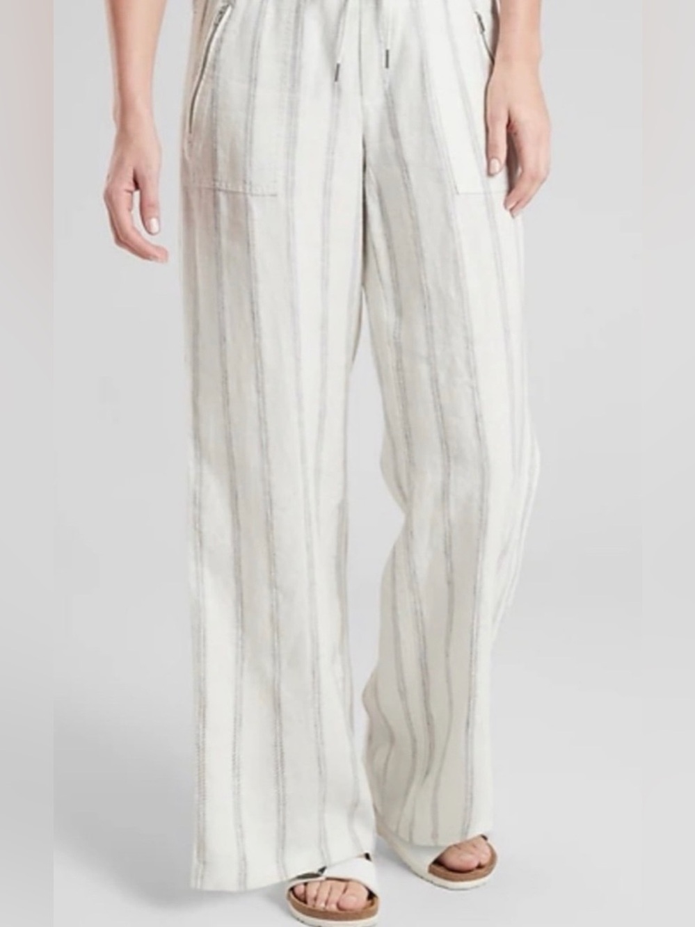 Athleta Women’s Cabo Tide Linen Pants White/blue Striped 100% Linen 14